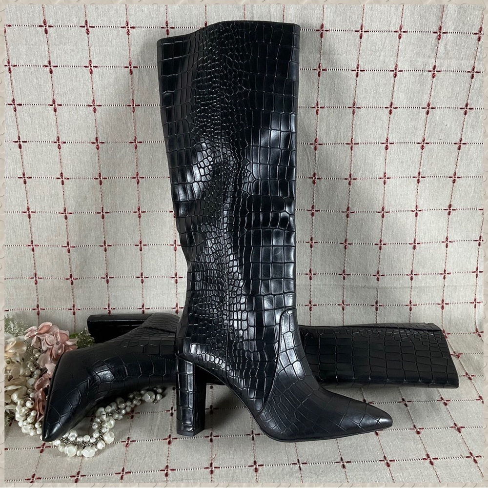 💐HPx3💐 😍 PAIGE Carmen Black Croc Embossed Leather Knee High Boots 6 NWOB